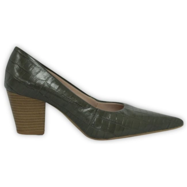 Scarpin Bico Fino em Couro Salto Grosso 6 CM Croco Verde Spinelli