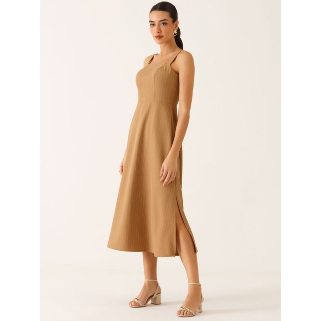 Vestido Alfaiataria Midi em Viscose Listrada Camel Tricia