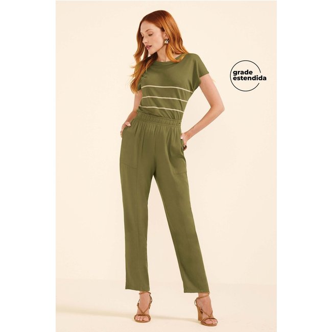 Calça Feminina Creponada Com Bolsos Marialícia Verde