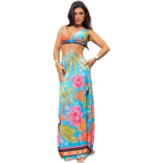 Vestido Longo Estampado Fluity Abertura Lateral Sandy Azul