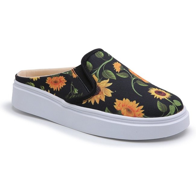 Mule Slip On Babuche Tênis Casual Feminino Solado Flat Emborrachado Confortável Prático Macio Preto / Amarelo