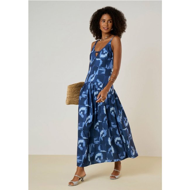 Vestido Maria Valentina Ajustado Decote V Com Alça Midi Azul