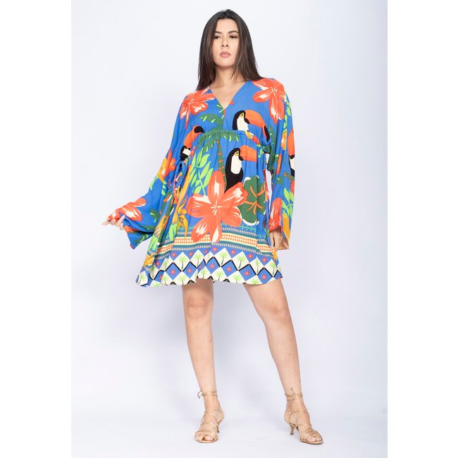 Vestido Amazônia Vital Curto Manga Ampla Estampa Tucanê