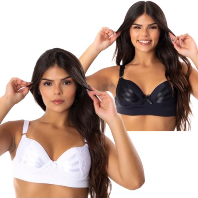 Kit 2 Sutiã De Bojo Reforçado Reflexo Íntimo Com Bojo Detalhes Em Fita Cetim Branco e Preto