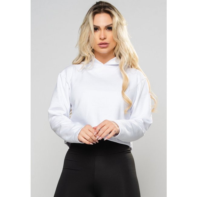 Casaco MVB Modas Manga Longa Cropped Moletom Flanelado Capuz Branco