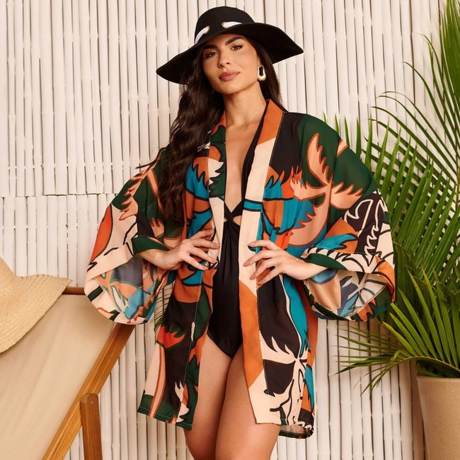 Saída de Praia Kimono Estampa Coqueiro Vibrante Donna Carioca