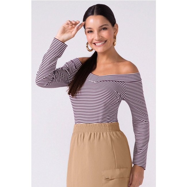 Blusa Feminina Ombro a Ombro Canelada Listras Marialícia Roxo