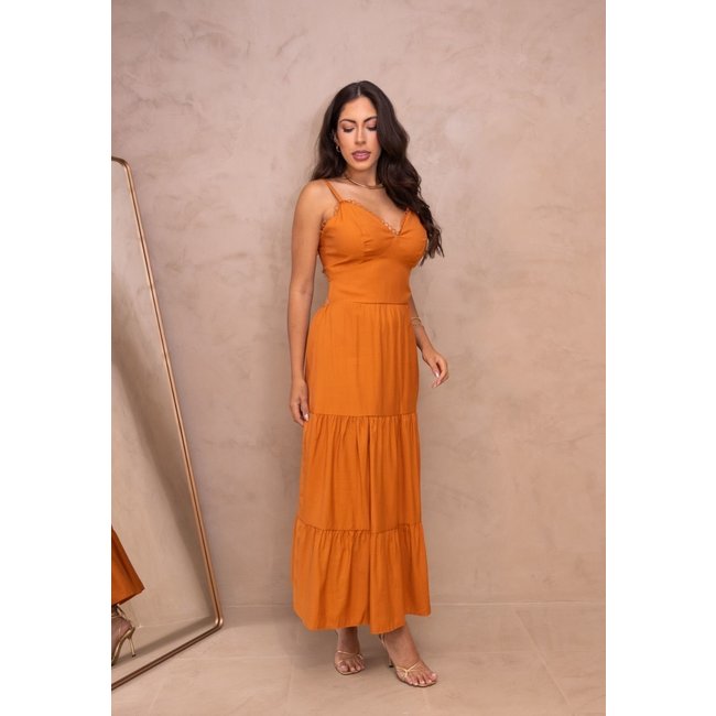 Vestido Midi Longuete Viscose Alcinha Frente Única Elegante Darciê Laranja
