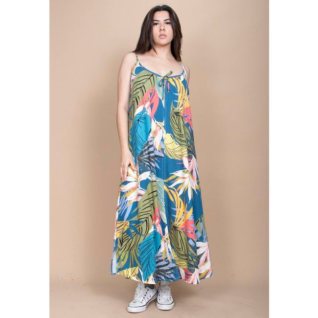 Vestido Longo Cabanafree Caçuá Viscose Alça Fina Estampa Brisa Botãnica
