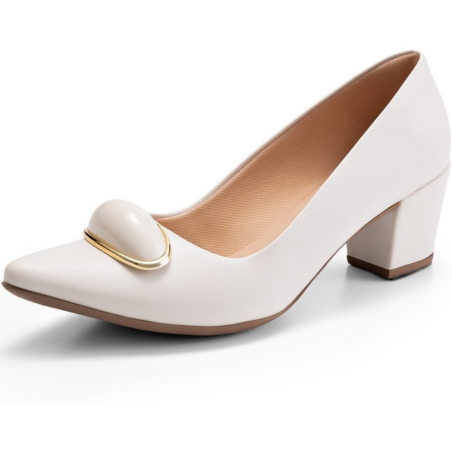 Scarpin Feminino Lumiss Salto Baixo Confortável Enfeite Off White