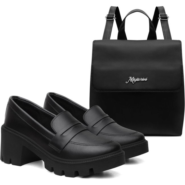 Kit Mocassim Feminino Tratorado Salto Médio + Mochila Preta Preto