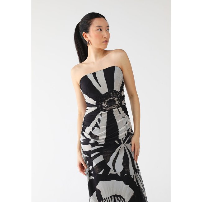 Vestido Tule FARM Longo Flora Preto