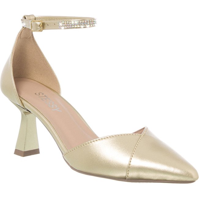 Scarpin Salome Sapato Bico Fino Salto Taça Strass Elegante Dourado