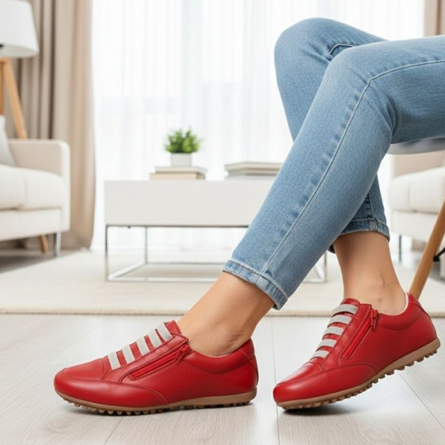 Tênis Confortável Com Zíper de Couro Vermelho