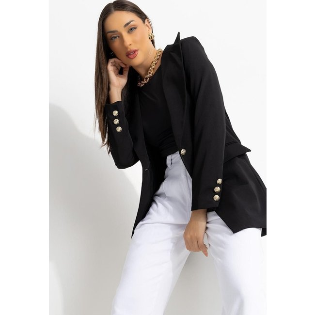 Blazer Em Crepe Plano Forrado Preto Quintess