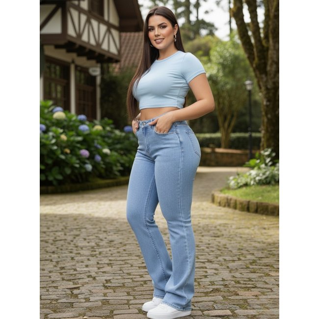 Calça Jeans Feminina Tex Jeans Flare Elegância Conforto e Poder em Cada Passo Azul Claro