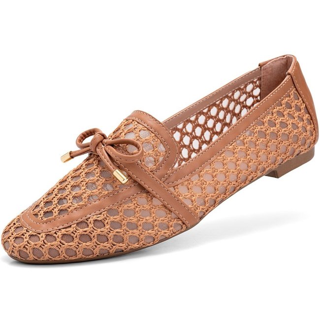 Mocassim Feminino Lumiss Material Natural Tela Bico Quadrado Confortável Caramelo