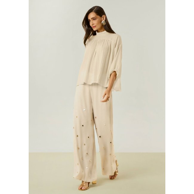 Calça Maria Valentina Pantalona Alta Bege