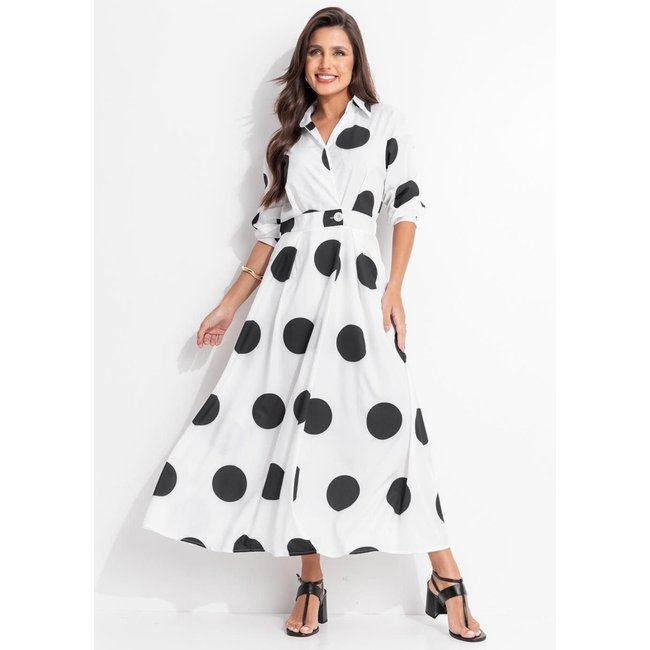 Vestido Em Alfaitaria De Poliéster Poá Branco Quintess