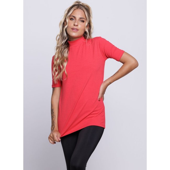 Blusa Canelada Vekyo Manga Curta Gola Alta Feminina Casual Vermelho