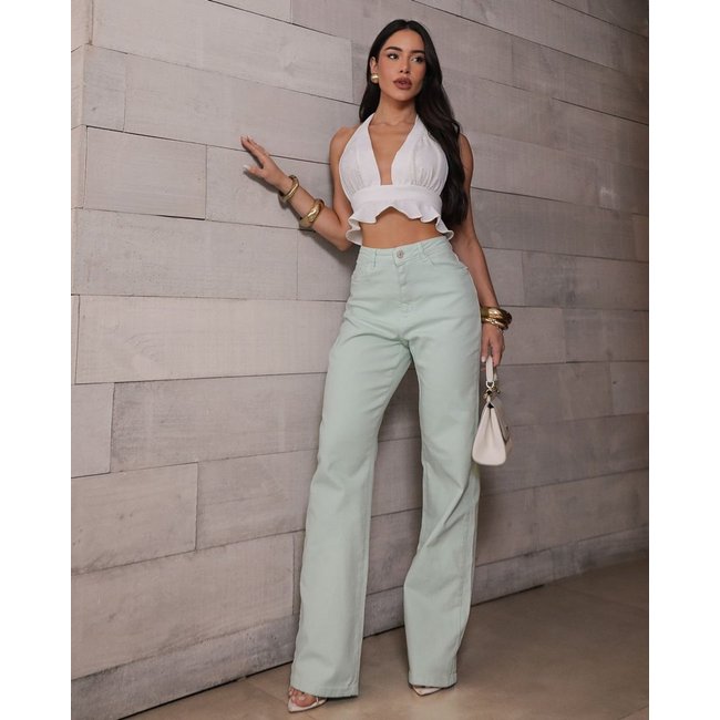 Calça Jeans Wide Leg Feminina Cintura Alta Básica com Elastano 28000 Verde Menta Consciência