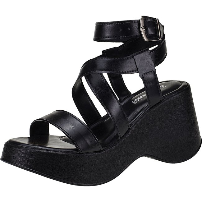 Sandália Feminina Plataforma Flat Salto Anabela Shekinah Tiras Cruzadas Leve Confortável Macia Moda Preto