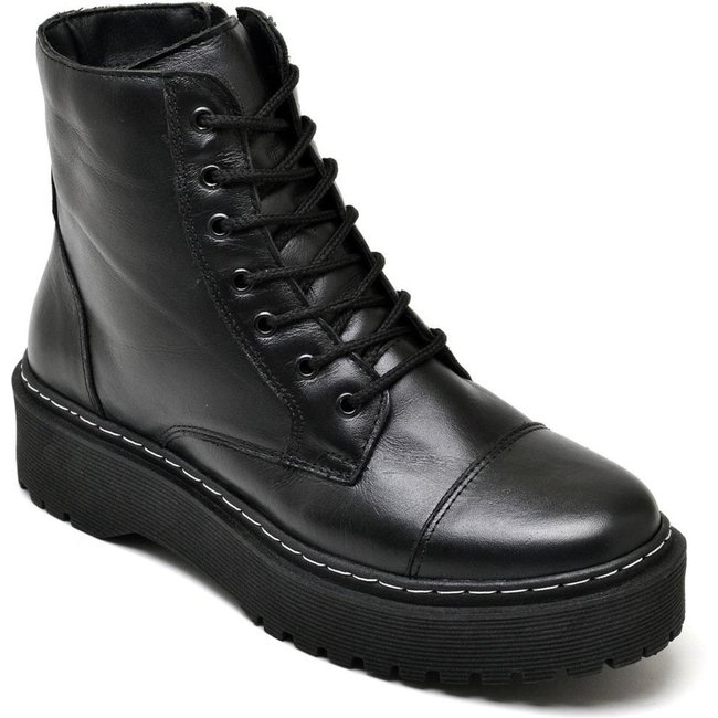 Coturno Feminino Bota Couro Cano Médio Cadarço Casual