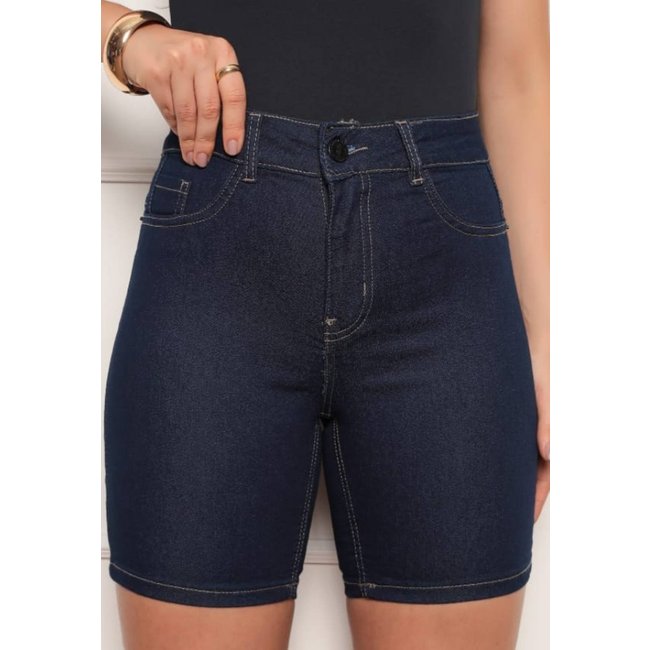 Bermuda Feminina Jeans Meia Coxa Cintura Alta Lavagem Escura