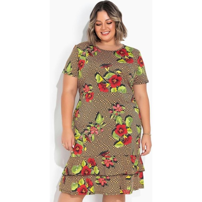 Vestido Com Babado Plus Size Floral E Geométrico Marguerite