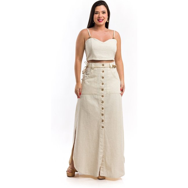 Saia Longa Restrito Jeans De Linho Natural - Bege