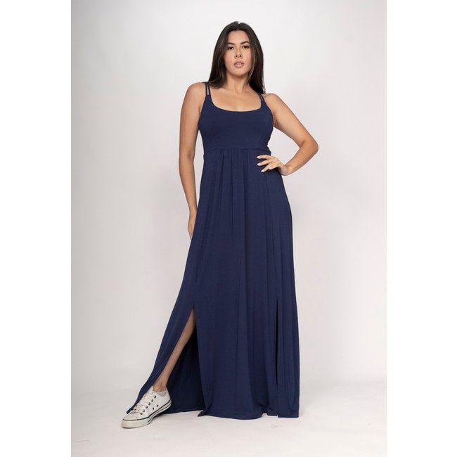 Vestido CabanaFree Longo Jambo Malha Aberturas Azul Marinho