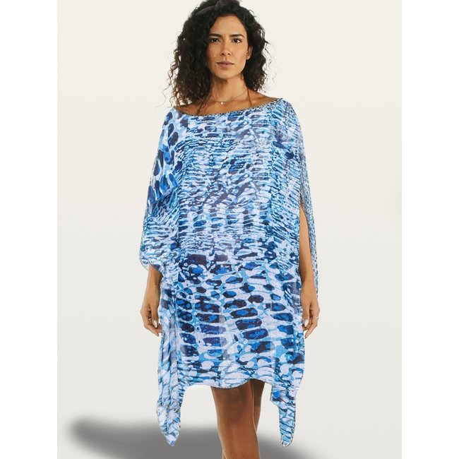 Saída Vestido Kaftan Amplo Crepe Estampado Animal Print Azul