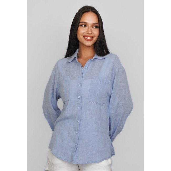 Camisa Saara Manga Longa Algodão Lisa Conigli Azul Claro