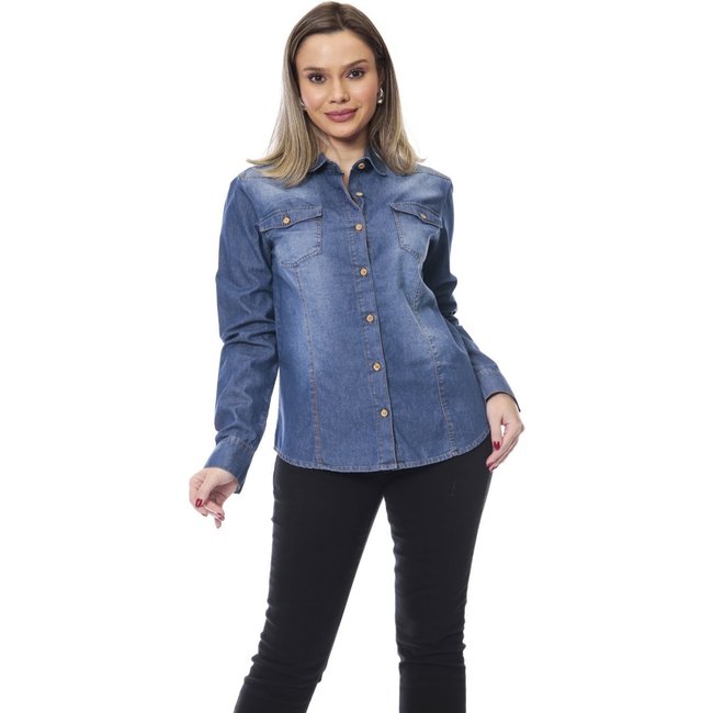 Camisa Jeans Manga Longa Feminina Crocker
