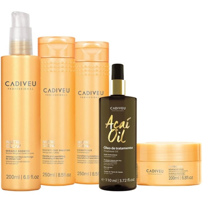 Kit Cadiveu Professional Nutri Glow Shampoo Condicionador Máscara Pré-Shampoo e Açaí Oil 110 (5 produtos)