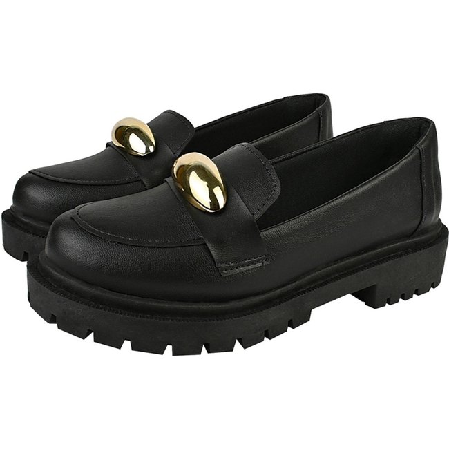 Sapato Feminino Mocassim Tratorado Donatella Shoes Bico Redondo Confort Enfeite Grande Preto