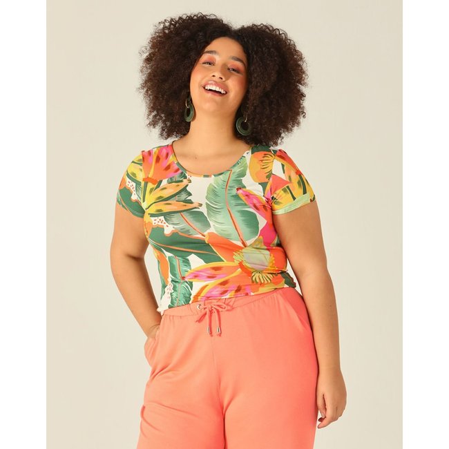 Blusa Feminina Plus Size Mullet Tropical Em Viscose Stretch