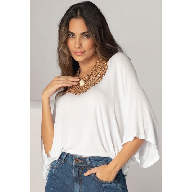 Blusa Ampla Amazonia Vital Morcego Guyrá Manga 3/4 Malha Branco