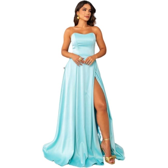 Vestido Longo de Festa Madrinhas Casamento Tomara que Caia Corselete com Fenda Gabriela Verde Tiffany