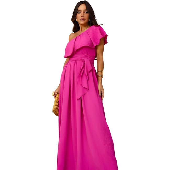 Vestido Longo um Ombro Babados com cinto Viscose Gehana Pink