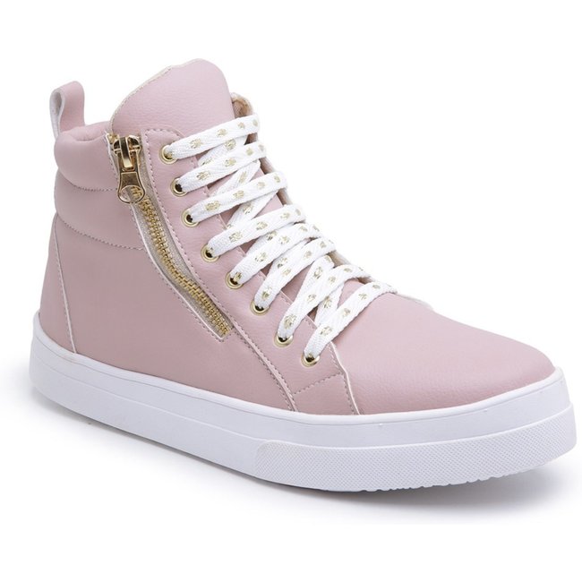 Sneaker Tênis Casual Botinha Feminina Cano Alto Sola Alta Emborrachada Zíper Lateral Amarração Rosa