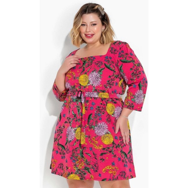 Vestido Com Faixa Grátis Plus Size Floral Rosa Marguerite
