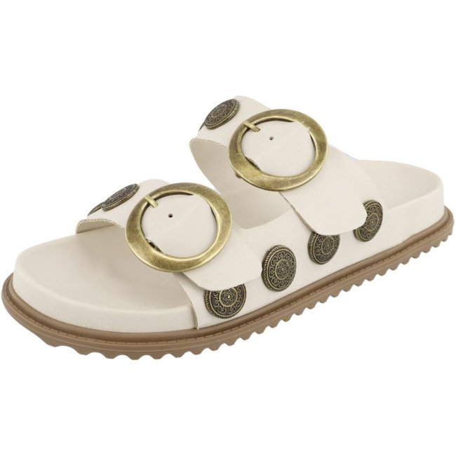 Sandalia Medalha Fivela Papete Metal Enfeite Lateral Rasteira Lançamento Verão Tendência Agnes Veronez Off White