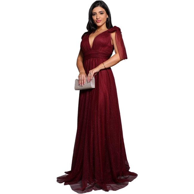 Vestido Longo de Festa Micro Tule com Brilho Madrinhas Decote em V Greice Marsala