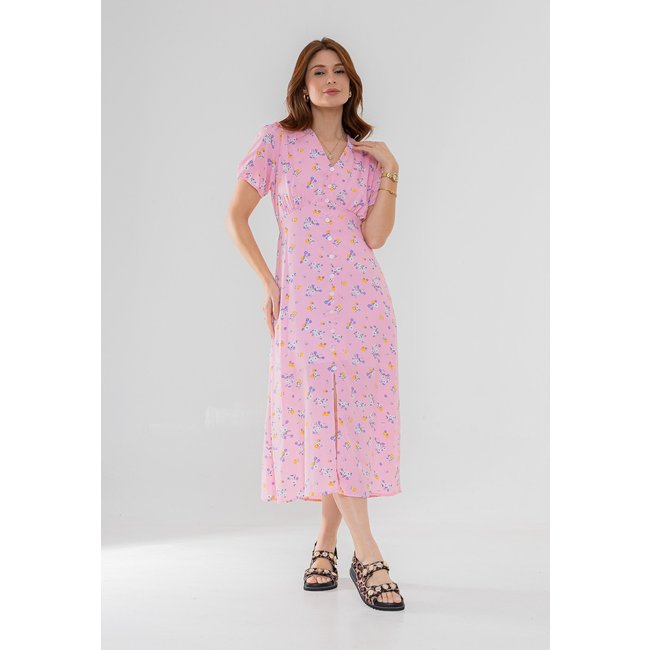 Vestido Aura Midi Celina Viscose Floral Rosa