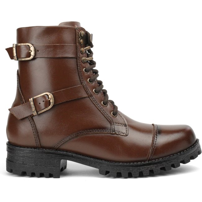 Bota Coturno Militar Couro Feminino Cano Médio Solado Tratorado Baixo Amarração Casual Marrom