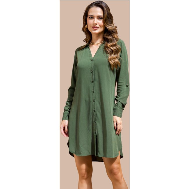 Vestido Chemise Curto Ícone Fashion Manga Longa Verde Militar