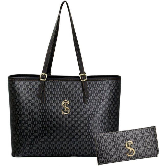 Bolsa Sacola Grande de Ombro Kit com Carteira Selten preta