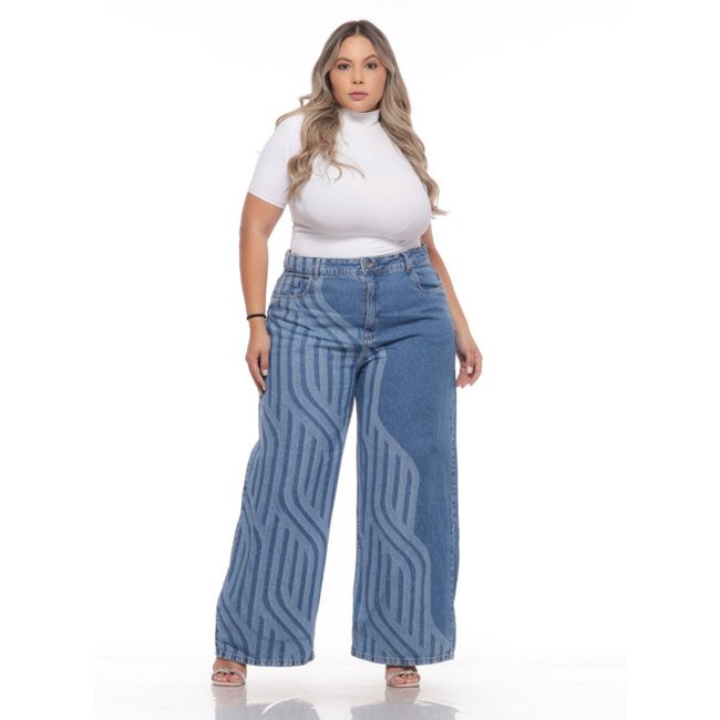 Calça Feminina Jeans Wide Leg Plus Estampa Laser