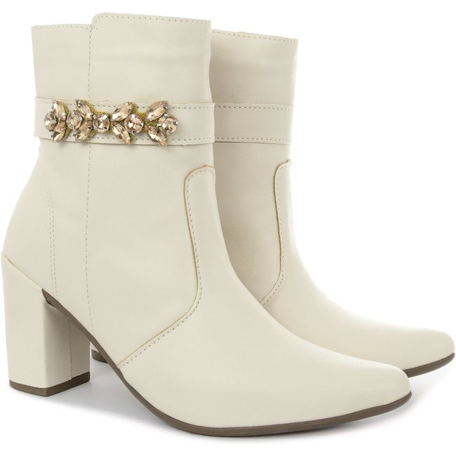 Bota Bico Fino Salto Fashion Confortável com pedraria OLZZY Off White